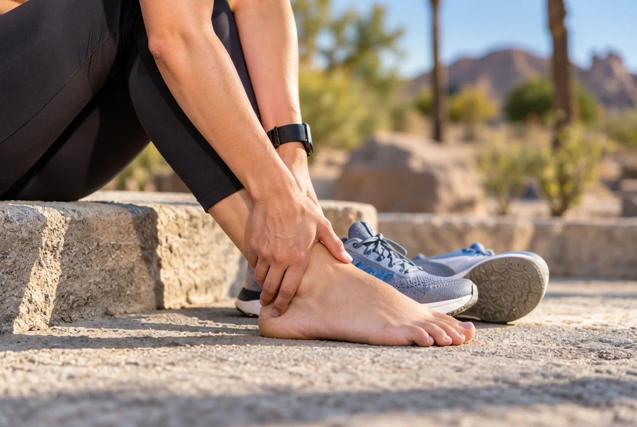 Seated adult holding an ankle beside athletic shoes outdoors.