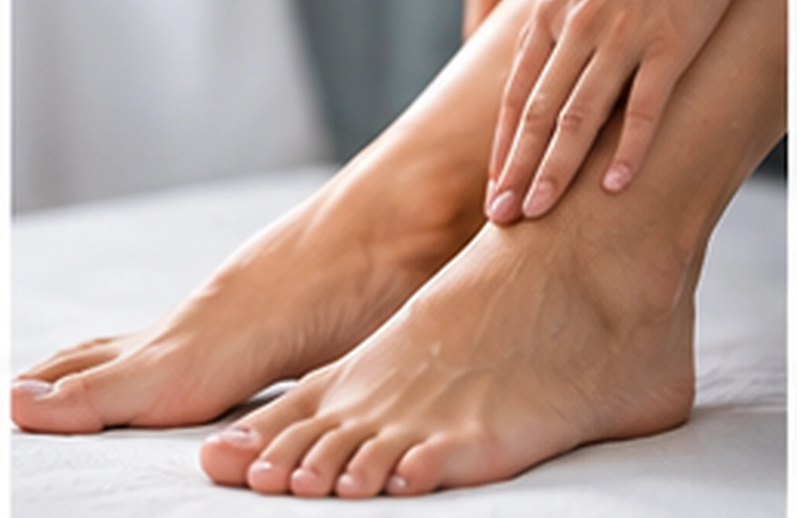 Hand resting on the back of the lower calf just above the heel of a bare foot.