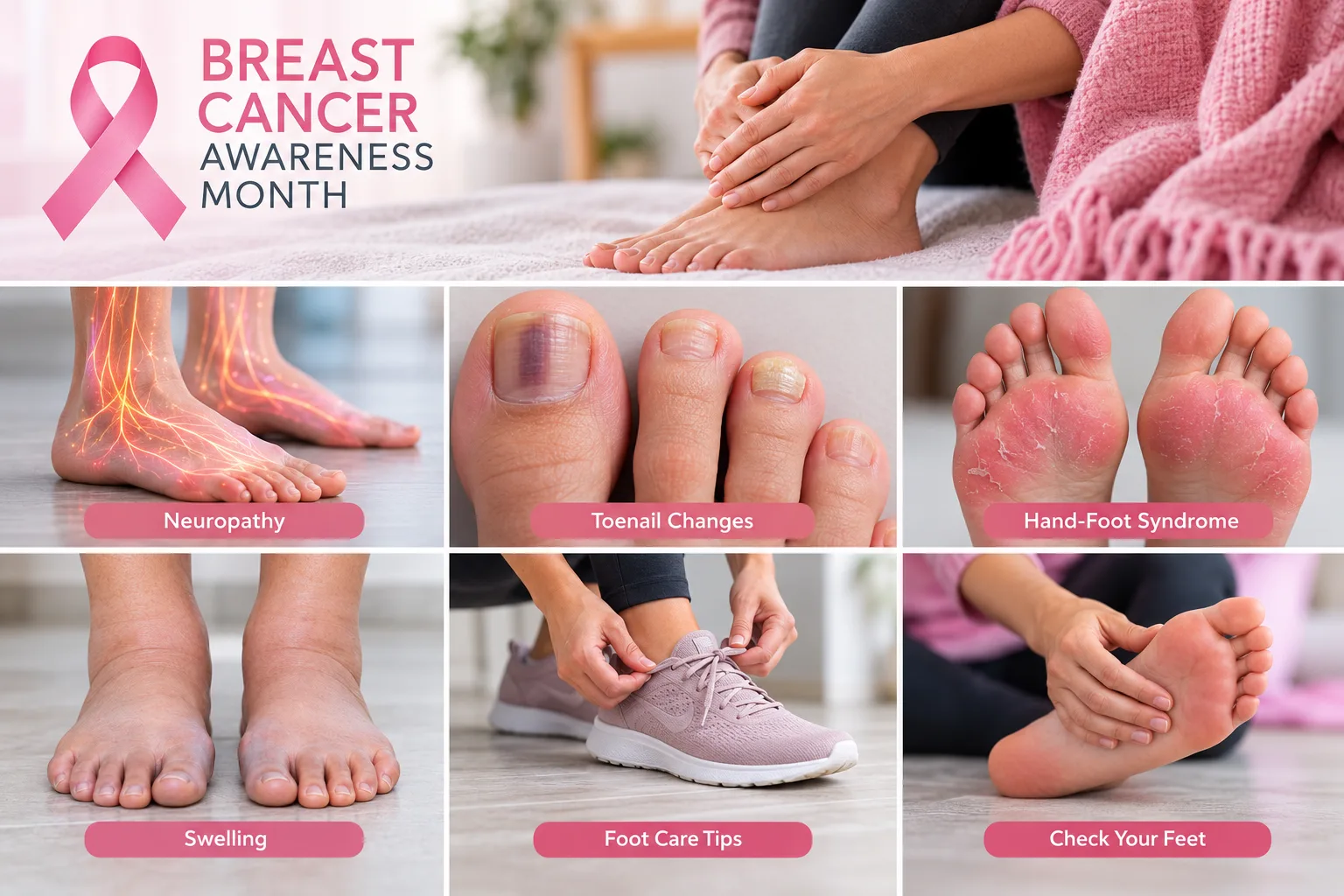 Breast cancer awareness graphic with a pink ribbon and illustrated foot-care topics: neuropathy, toenail changes, hand-foot syndrome, swelling and checking your feet.