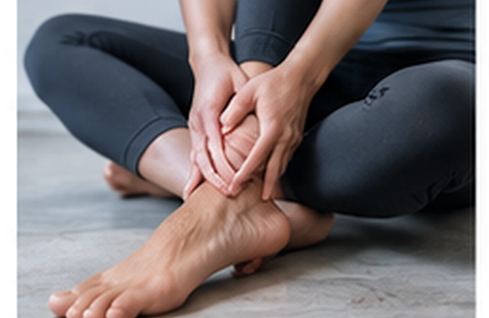 Person seated on the floor holding a swollen ankle with both hands.