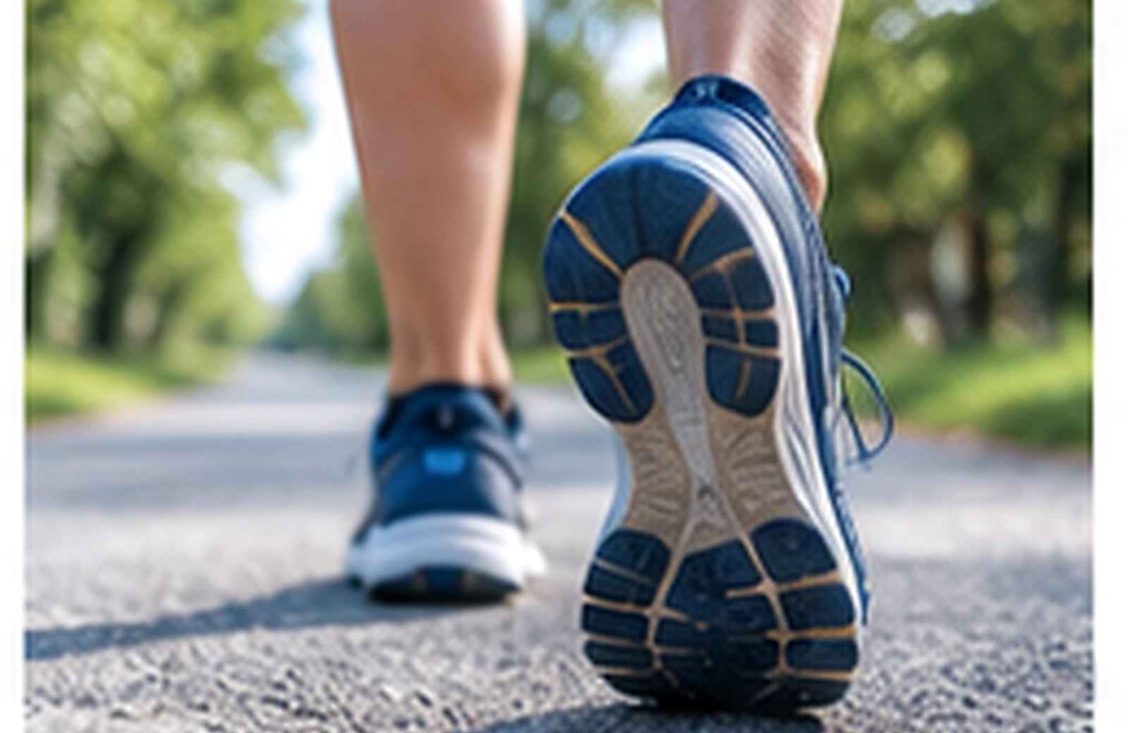 Close view of the back of a running shoe and Achilles area as a runner pushes off.
