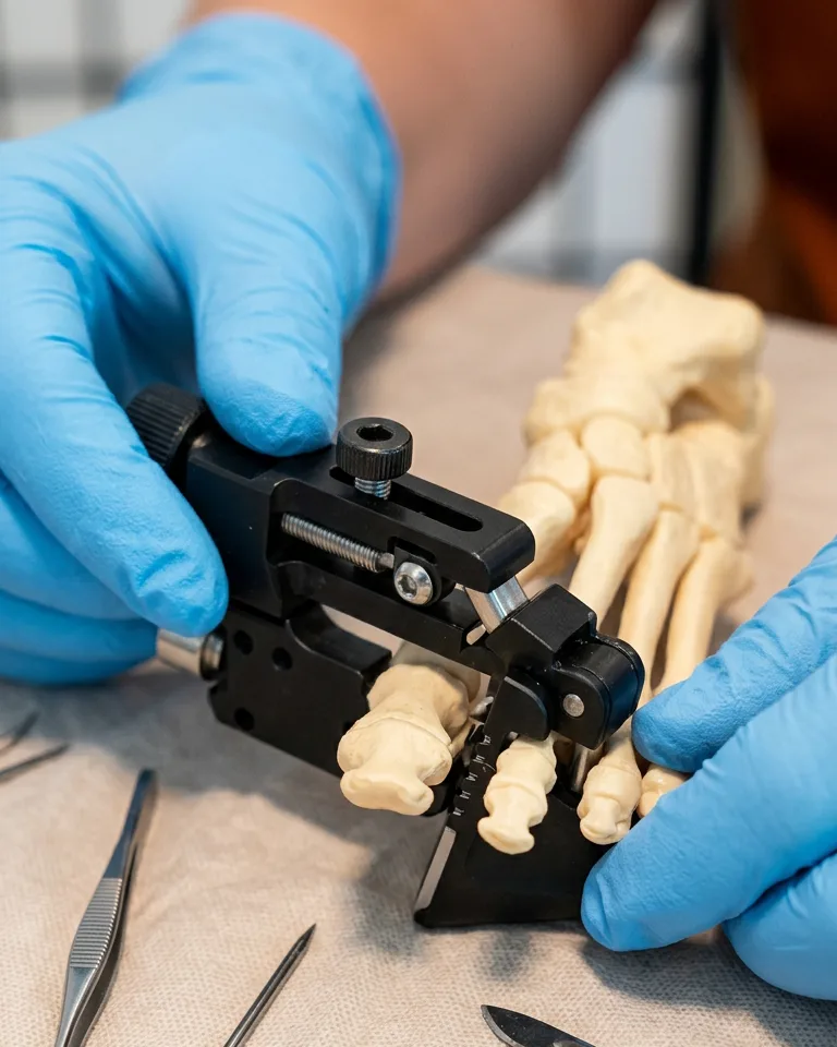Minimally invasive foot surgery instrumentation demonstrated on an anatomical foot model.