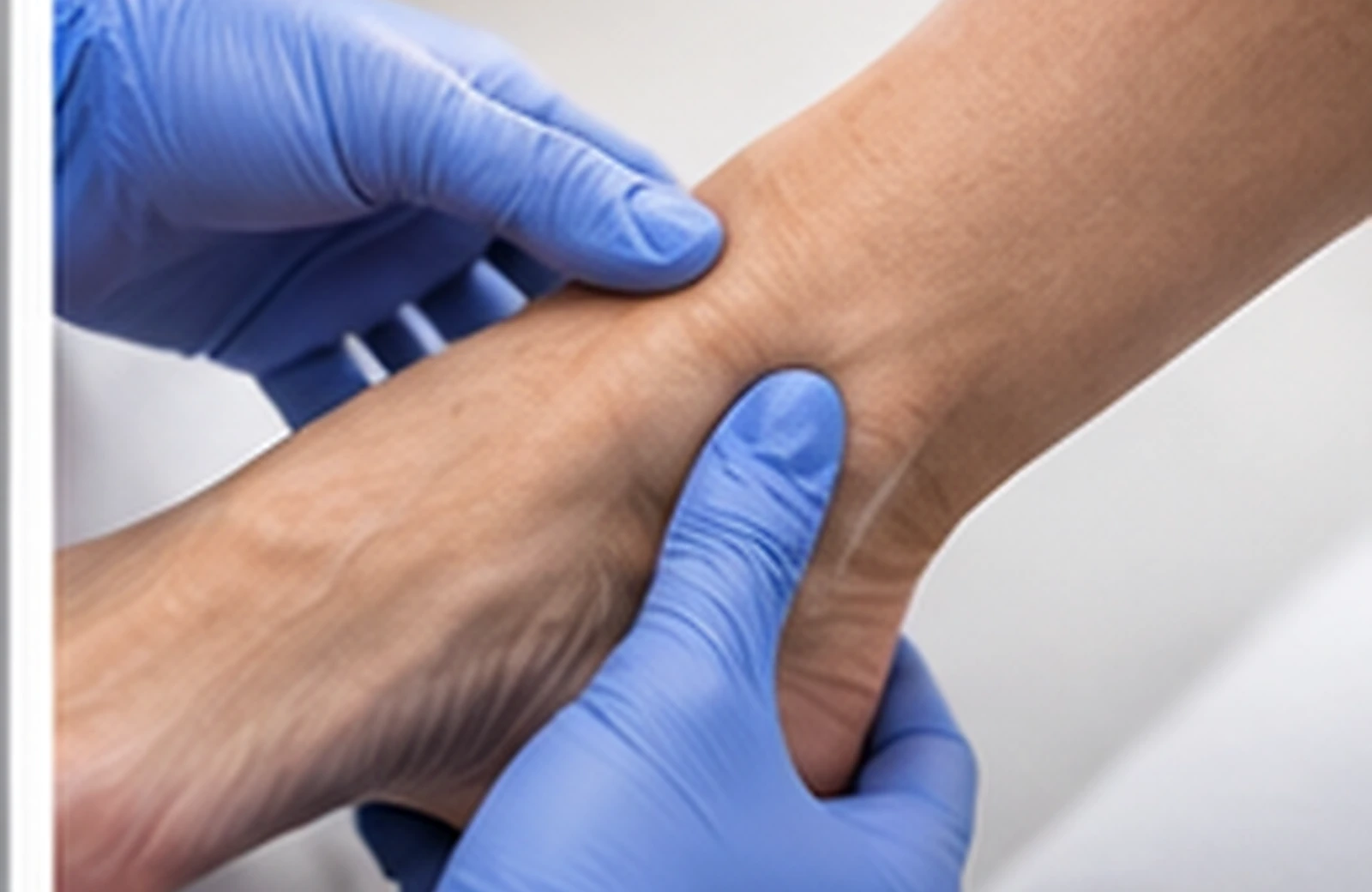 Gloved clinician's hands examining the heel and inside arch of a patient's foot.