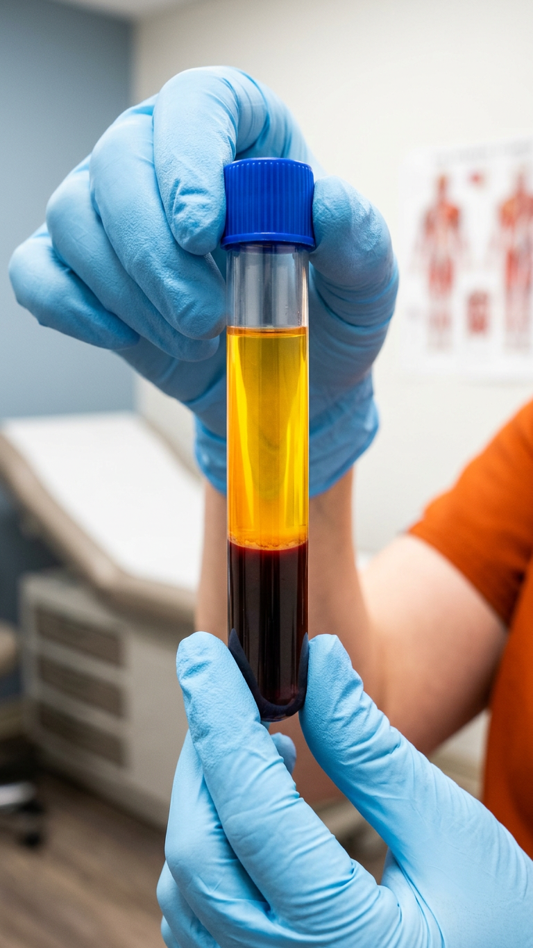 Gloved clinician holding a tube of separated blood prepared for a platelet-rich plasma injection in a podiatry treatment room.