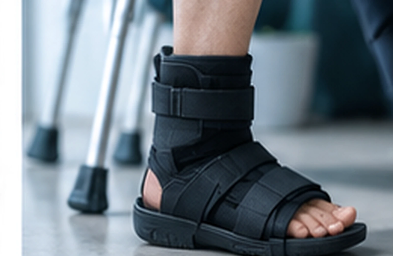 Foot in a black walking boot standing beside a pair of crutches.