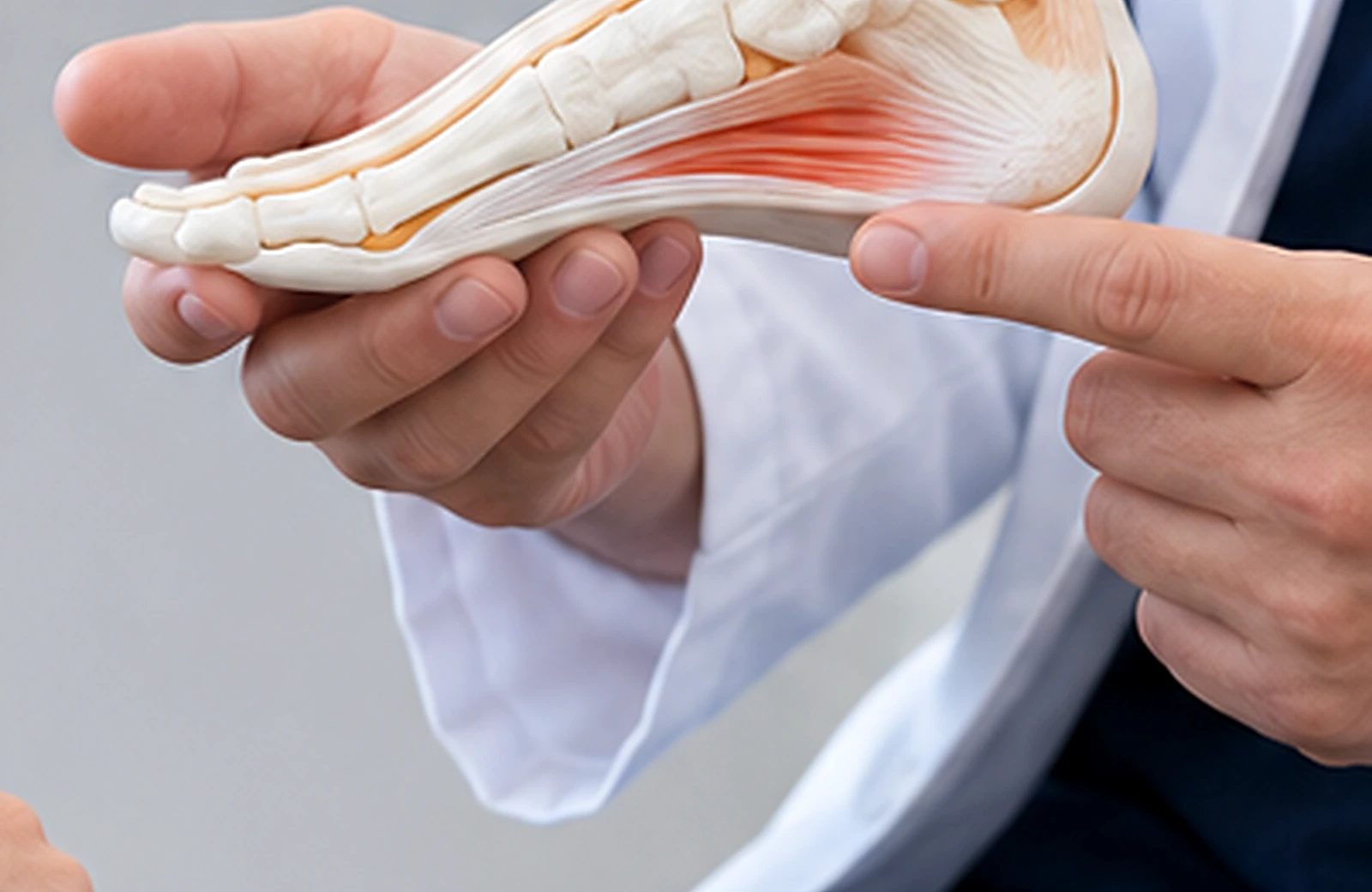 Hands holding an anatomical foot model showing the arch ligament and heel bone.