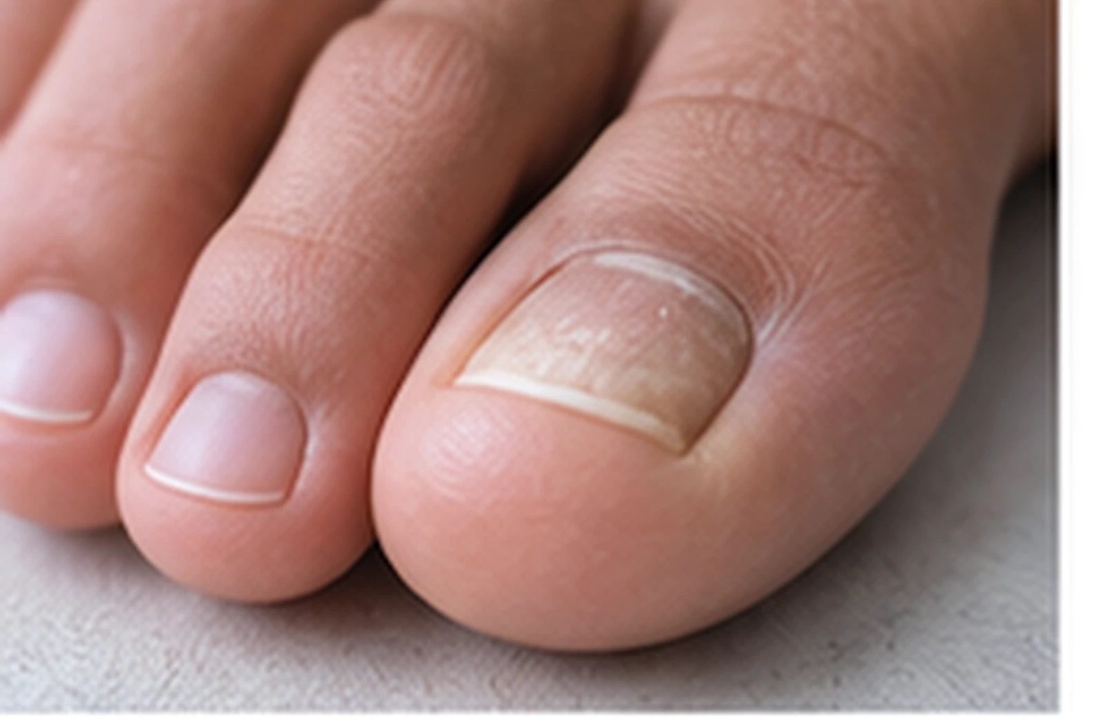 Close view of a thickened, discolored big-toe nail next to healthier neighboring nails.