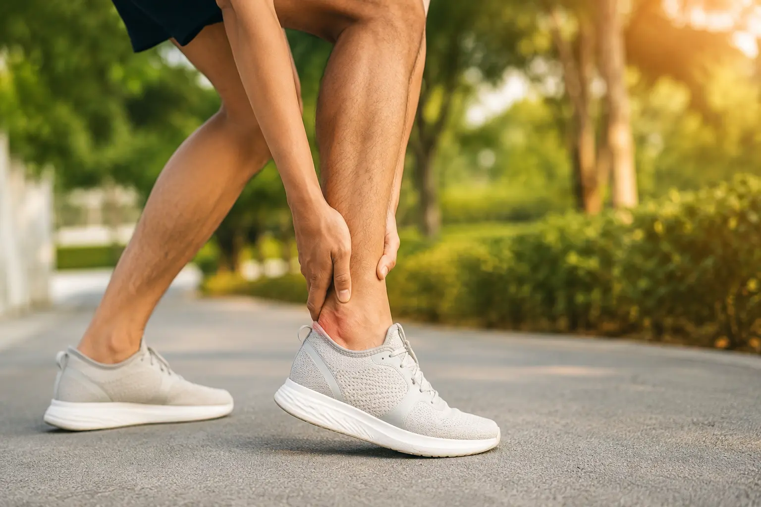 Person reaching down to hold the back of the ankle above the heel