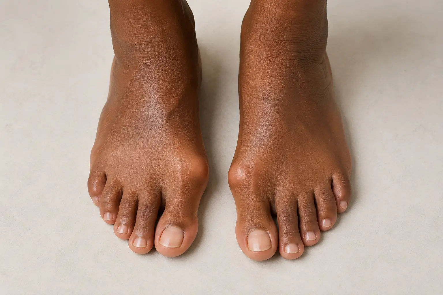 Close view of bare feet showing a prominent bump at the base of the big toe