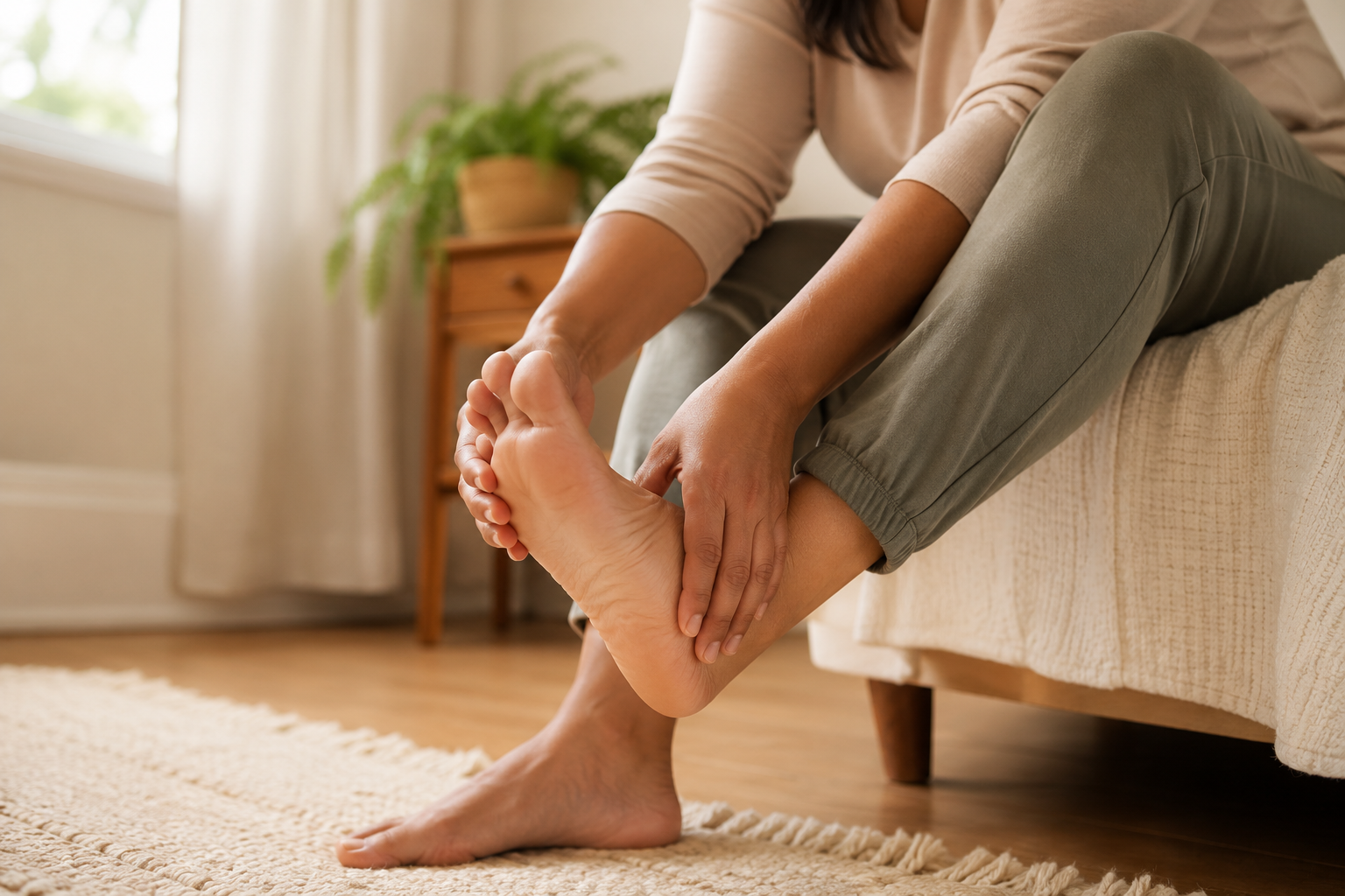 Person seated on a bed holding the back of one heel with both hands