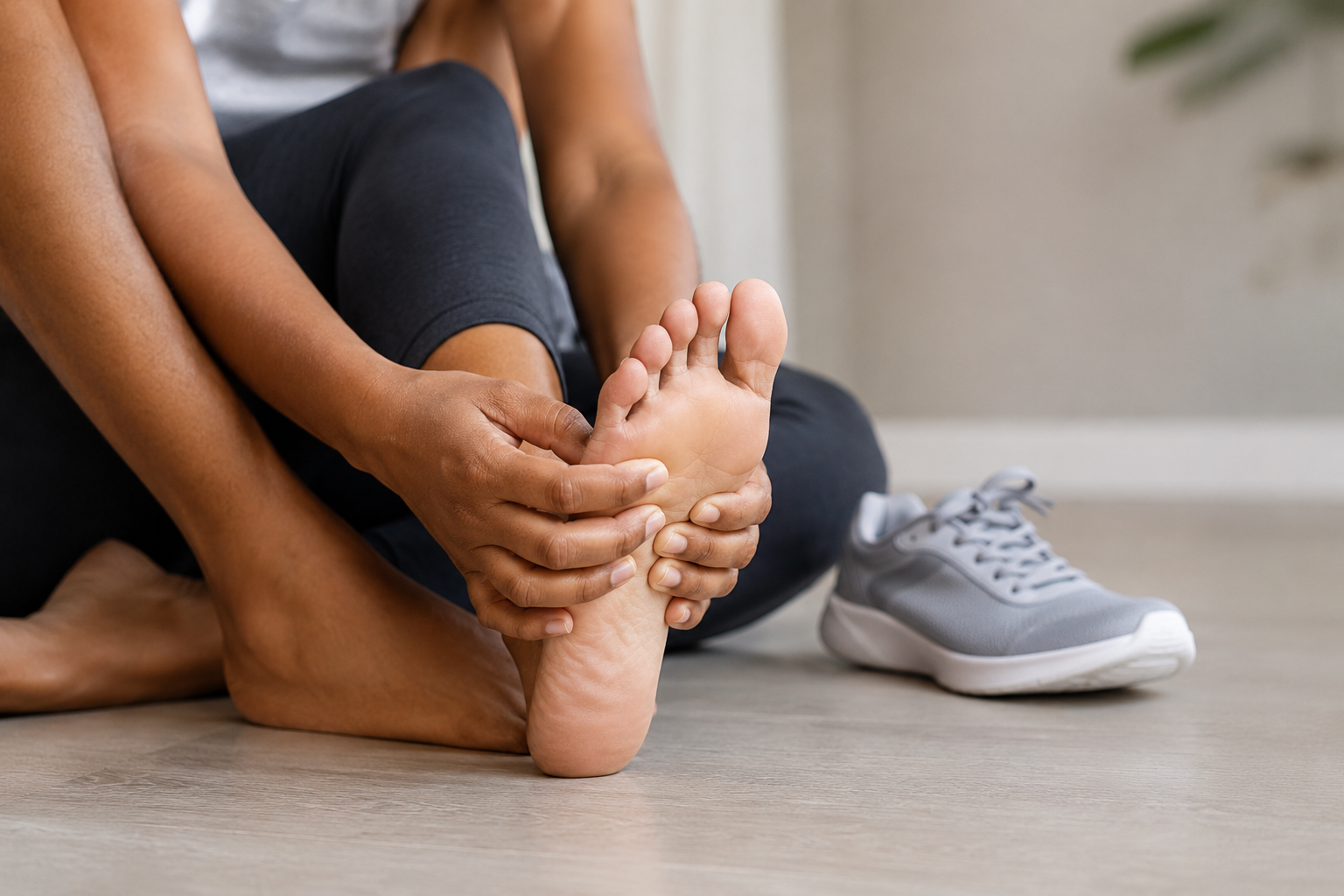 Person holding the arch and heel of one bare foot while seated
